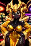 anthro big_breasts blush breasts casino cleavage clothed clothing coat curved_horn dress female frosting.ai glistening glistening_body glistening_eyes gold_(metal) gold_eyes gold_jewelry hands_on_hips horn jewelry looking_at_viewer smile solo topwear wide_hips mr_diddlez fan_character elder_dragon kulve_taroth absurd_res hi_res