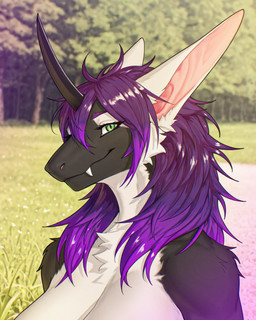 1_horn anthro belly big_ears black_body black_horn eyebrows fangs female fur green_eyes hair horn looking_at_viewer magenta_hair pink_inner_ear purple_eyebrows purple_hair smile solo teeth white_belly white_body white_cheeks white_ears white_eyeshadow white_fur white_neck sunny_way sunny_way_(character) ki'rinaes 2026 edit hi_res portrait