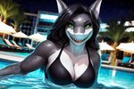 anthro athletic athletic_anthro athletic_female black_bra black_clothing black_hair black_underwear bra breasts clothing female grey_body hair pool smile solo teeth underwear kathrin_(director) canid fish mammal marine shark