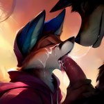 ambiguous_gender anthro blue_ears bodily_fluids clothing cum duo genital_fluids genitals hoodie male noses_touching penis sex simple_background topwear airusu rusu_(airusu) canid canine canis fox mammal wolf hi_res