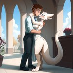 anthro bedroom_eyes blush breasts clothing dress duo embrace female hug human_on_anthro interspecies kissing long_tail looking_at_another looking_at_partner male male/female medium_breasts narrowed_eyes seductive smile standing white_body wide_hips koboldcollector human kobold mammal scalie absurd_res hi_res
