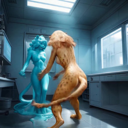 5_fingers after_transformation anthro anus areola blonde_hair blue_body blue_eyes breasts butt casual_nudity claws countershading detailed_background digitigrade duo eyebrows feet female fingers fur genitals glistening goo_transformation hair inside laboratory long_hair looking_at_viewer looking_back markings melting navel nipples nude nude_female open_mouth orange_hair pawpads pink_nipples puddle pussy rear_view slime smile spots spotted_body spotted_fur standing tail tail_markings teeth tongue transformation translucent translucent_body tuft yellow_body yellow_fur crashbandit cheetah felid feline goo_creature mammal pantherine animated digital_media_(artwork) hi_res prompt_metainfo wainsfwillustrious_(model) webm