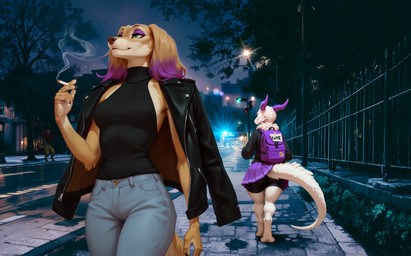 backpack barefoot black_clothing black_topwear blue_bottomwear blue_clothing bottomwear breasts cigarette clothed clothing denim denim_bottomwear denim_clothing detailed_background duo eyelashes eyeshadow feet female fingers floppy_ears fur hair highlights_(coloring) hoodie horn jacket jeans leather leather_clothing leather_jacket leather_topwear makeup mature_female mythology night outside pants photo_background plant purple_highlights purse shorts smoking street_lamp sweater tail tan_body tan_fur text thick_thighs topwear tree tuft turtleneck walking white_body white_fur wide_hips anotheranon cookie_(anotheranon) hymonie_fluffscale(fluffscaler) bird_dog borzoi canid canine canis domestic_dog dragon hunting_dog mammal mythological_creature mythological_scalie scalie sighthound english_text hi_res