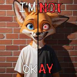 anthro blue_eyes brick brick_wall clothing fur heterochromia i_have_two_sides_(meme) insane looking_at_viewer male orange_body orange_fur red_eyes shadow shirt smile solo teeth text topwear wall_(structure) young young_anthro gridanon meme_2026 canid canine fox mammal english_text hi_res meme