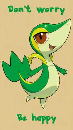 3_fingers ambiguous_gender belly big_eyes fingers green_body happy looking_at_viewer open_mouth open_smile orange_eyes simple_background smile smiling_at_viewer solo tan_belly text yiff_ai_(director) meme_2026 nintendo pokemon generation_5_pokemon pokemon_(species) snivy absurd_res english_text hi_res meme
