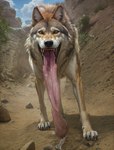 399secondplaces ambiguous_gender bodily_fluids breath brown_body canid canine canis feral hi_res hyper hyper_tongue long_tongue looking_at_viewer mammal open_mouth open_smile orange_eyes outside panting saliva smile solo standing tongue unusual_anatomy walking white_body wolf