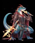 ambiguous_gender anthro armor black_background bottomwear cape claws clothed clothing count_grey fantasy green_eyes hi_res holding_object holding_weapon leather leather_armor lizardfolk loincloth novelai pose raised_tail red_cape scales scalie simple_background solo standing weapon