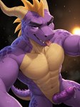 adzyx3m_(director) animal_genitalia anthro belly bodily_fluids dragon genital_fluids genital_slit genitals hi_res horn knot looking_at_viewer male multicolored_body muscular nude particles penile_spines penis precum purple_body purple_eyes purple_penis purple_scales scales scalie selfie simple_background slit solo spots spyro spyro_the_dragon standing tongue tongue_out two_tone_body yellow_belly yellow_horn