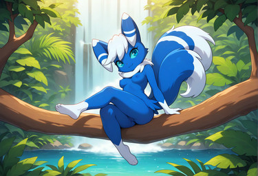 2tails anthro branch breasts female fur genitals jungle medium_breasts nude plant pussy smile solo tree water waterfall gobabsnow nintendo pokemon generation_6_pokemon meowstic pokemon_(species) absurd_res hi_res