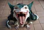 anthro aurugy bodily_fluids detailed female floor friendly_face fur green_body green_fur hair happy hi_res high-angle_view long_hair looking_at_viewer mouth_shot open_mouth photorealism photorealistic prick_ears realistic saliva saliva_string sergal sharp_focus sharp_teeth sitting sitting_on_ground solo teeth tile tile_floor tongue vore white_body white_fur