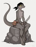 anthro bag bandanna female kerchief knife lizard_tail narrowed_eyes nude simple_background sitting sitting_on_rock solo white_background wide_hips yellow_eyes direfelis_(director) lizard reptile scalie full-length_portrait portrait watermark