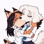 anthro breasts cigarette clothing duo eyes_closed female female/female hugging kissing necktie school_uniform tail_motion tailwag uniform anonymous_director canid canine canis domestic_dog felid feline hunting_dog lynx mammal saluki sighthound hi_res