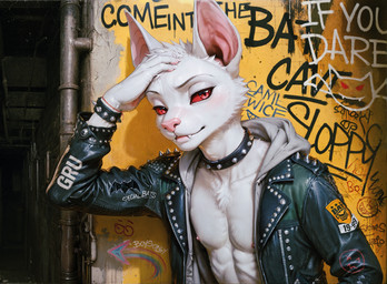 5_fingers abandoned_building anthro arm_spikes armband arrow_sign badge bat_ears biker biker's_wear black_clothing black_eyebrows bracelet chest_tuft choker claws clothed clothing collar concrete cuff_(restraint) cute_fangs damaged_clothing detailed_background dirty dirty_clothing drawstring emoji eyebrows fangs fingers fur graffiti green_clothing grey_clothing grey_hoodie grey_topwear grimace hair hood hood_down hoodie jacket jewelry leather leather_clothing leather_collar leather_cuffs leather_jacket leather_topwear lips logo logo_on_clothing male metal military mischievous_expression necklace nipples nose number_on_clothing open_clothing open_hoodie open_jacket open_topwear partially_clothed patch_(fabric) pawpads paws pink_ears pink_lips pink_nipples pink_nose pink_pawpads pinup pipe pose punk rainbow red_clothing red_eyes red_string reflection restraints ribs rivets sewer short_claws shoulder_pads shoulder_spikes simple_background skinny skinny_anthro skinny_male smile smirk smirking_at_viewer solo spiked_armband spiked_bracelet spiked_choker spiked_clothing spiked_collar spikes spikes_(anatomy) spiky_hair sticker street streetwear strings studded_jacket studs suggestive suggestive_look symbol teasing teeth text textured_background topwear tuft underground urban urban_background wall_(structure) white_body white_claws white_fur white_hair wristband yellow_background zipper zipper_down sloppycat soulbat_(sloppycat) bat mammal microbat phyllostomid vampire vampire_bat yangochiropteran absurd_res digital_media_(artwork) hi_res painting_(artwork) signature traditional_media_(artwork) watercolor_(artwork)