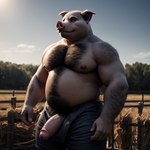 absurd_res anthro body_hair bottomwear bottomwear_down chest_hair clothed clothing denim denim_clothing domestic_pig farm field genitals hi_res jeans male mammal nipples outdoors outside pants pants_down partially_clothed pecs penis pup_tobey smile smiling_at_viewer solo suid suina sunny sus_(pig)