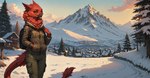 anthro backpack beak bottomwear breasts cargo_pants clothed clothing evening female fluffy fully_clothed fur jacket landscape long_tail looking_at_viewer mountains neck_tuft pants plant red_body red_fur red_sclera small_breasts smile snow solo topwear tree tuft village winter winter_background winter_clothing oldhroft avian velari absurd_res hi_res wallpaper