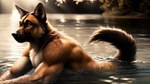 absurd_res anthro black_nose canid canine canis detailed_background domestic_dog fur german_shepherd herding_dog hi_res lake looking_up male mammal muscular muscular_anthro muscular_male orange_eyes outdoors pastoral_dog plant raised_tail smiley solo swimming tree wet wet_body wet_fur