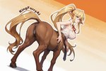 anatomically_correct animal_ears animal_genitalia animal_pussy belt big_breasts blonde_hair blue_eyes blush breasts brown_body brown_fur butt clothing collared_shirt darkened_genitalia darkened_pussy equine_anus equine_genitalia equine_pussy equine_tail erect_nipples female fur genitals hair hand_on_hip hooves horse_ears huge_breasts inviting long_tail looking_at_viewer looking_back nipples orange_background pink_nipples ponytail presenting presenting_hindquarters puffy_nipples pussy quadruped raised_tail rear_view red_ribbon ribbon shirt simple_background sleeveless_shirt smile smiling_at_viewer solo standing tail_aside topwear translucent translucent_clothing unguligrade unguligrade_legs very_long_hair visible_nipples white_clothing white_shirt white_topwear yellow_tail kingfurryai monster_musume centorea_shianus_(monster_musume) centaur equid equid_taur equine equine_taur human_taur humanoid_taur mammal mammal_taur taur hi_res