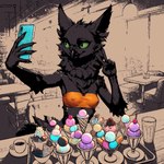 anthro bandeau beak black_body black_fur breasts cafe clothing container cup dessert female fluffy food fur furniture gesture green_sclera holding_object holding_phone ice_cream looking_at_object looking_at_phone neck_tuft nipple_outline phone pixelated selfie sitting slim small_breasts smile solo spots spotted_body spotted_fur table topwear tuft v_sign oldhroft shadow_(oldhroft) avian velari digital_media_(artwork) hi_res monochrome pixel_(artwork)