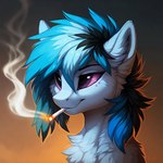 ambiguous_gender anthro blue_body blue_fur blue_hair cartuniverse chest_tuft drugs equid equine fur hair headshot_portrait horse mammal marijuana my_little_pony pony portrait purple_eyes purple_sclera simple_background smoke smoking solo tuft