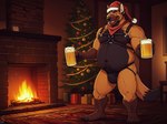 4_fingers 4_toes alcohol anthro barefoot beer belly beverage black_body black_fur black_hair body_hair brown_body brown_fur bulge chest_hair christmas_clothing christmas_headwear christmas_tree claws clothing feet fingers fireplace fur gloves_(marking) hair happy_trail harness hat headgear headwear holding_beverage holding_object inside jockstrap leg_hair leg_markings looking_at_viewer male markings mostly_nude musclegut muscular muscular_anthro muscular_male navel neckerchief nipples open_mouth open_smile orange_body orange_fur overweight overweight_anthro overweight_male plant plantigrade santa_hat smile socks_(marking) solo standing teeth toe_claws toes tree underwear fox1400 red_(fox1400) canid canine mammal maned_wolf absurd_res full-length_portrait hi_res portrait signature