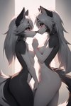 anthro black_body black_fur breasts canid canine collar collar_only duo eye_contact female female/female foxgirlai fur hair hi_res looking_at_another loona_(helluva_boss) mammal nipples nose_to_nose nude red_eyes selfcest square_crossover white_body white_fur white_hair