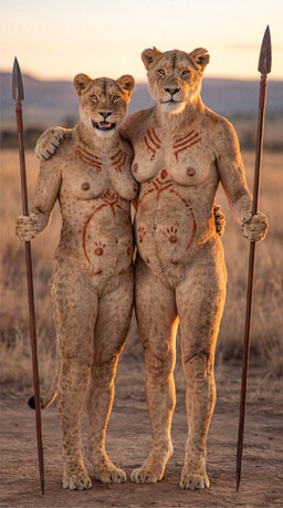 anthro bodypaint breasts duo female female/female genitals markings melee_weapon nude outside photorealism polearm pregnant pussy smile spear tasteful_nudity tribal tribal_markings weapon felid lion mammal pantherine hi_res