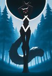 anthro bandage black_body black_fur black_hole bottomwear breasts chest_tuft clothed clothing digitigrade fangs female fluffy fluffy_tail forest fur glowing glowing_eyes grin long_legs looking_at_viewer night outside partially_clothed plant red_eyes skinny slim small_breasts smile solo standing tall thigh_gap topwear tree tuft white_bottomwear white_clothing white_topwear seli-32 domestic_cat felid feline felis mammal absurd_res hi_res