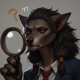 4_fingers accessory black_hair black_nose blizzard_entertainment brown_body brown_fur claws clothed clothing confusion dress_shirt female finger_claws fingers frown fur grey_background grey_body grey_fur hair hair_accessory hair_tie holding_object humor looking_at_viewer magnifying_glass narrowed_eyes necktie orange_eyes question_mark reaction_image shirt simple_background solo squint suit topwear unknown_director warcraft canid mammal werecanid werecreature worgen bust_portrait hi_res portrait
