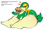 <3 anthro anthrofied big_butt blush burger butt eating eyelashes eyes_closed female flat_chested food generation_5_pokemon hellsonger holding_food holding_object huge_butt huge_hips hyper_hips nintendo pokemon pokemon_(species) reptile scalie simple_background snivy solo text thick_thighs white_background wide_hips