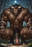animal_genitalia animal_penis balls black_eyes bodily_fluids brown_body equine_penis forest genital_fluids genitals leaking_precum male muscolar night penis plant precum smile smiling_at_viewer solo tree tredici04 bovid bovine humanoid mammal minotaur hi_res