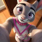 anthro breasts collar exposed_breasts female first_person_view fur grey_body grey_fur harness looking_back nipple_piercing nipples piercing pink_collar pink_harness solo solo_focus zootopia judy_hopps lagomorph leporid mammal rabbit