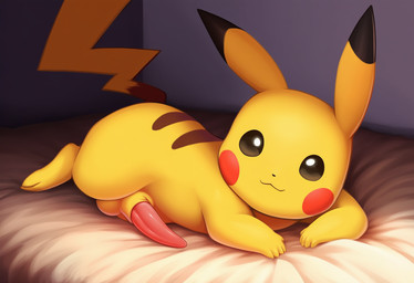 animal_genitalia balls bed black_eyes ears_up erection feral fur furniture genitals looking_at_viewer lying male on_bed on_front penis presenting presenting_balls presenting_penis presenting_sheath prone sheath smile solo tapering_penis yellow_body yellow_fur jomisa nintendo pokemon generation_1_pokemon pikachu pokemon_(species)