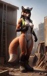 anthro armor black_hair boots breasts clothing construction_worker dipstick_tail female footwear fur genitals hair hard_hat headgear helmet markings orange_body orange_fur photorealism pussy solo tail_markings topwear vest autumndragon sally_the_safety_vixen canid canine fox mammal red_fox hi_res