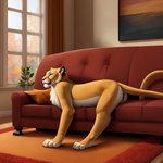 absurd_res director_cougar felid female feral fur furniture hi_res huge_filesize lion long_tail mammal open_pussy pantherine picture_in_picture pillow plant rug sofa solo tan_body tan_fur