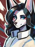 abstract_background anthro black_hair blue_eyes canid canine canis clothing eyeliner female hair jackal looking_at_viewer makeup mammal sk_main solo tagme tuft white_body