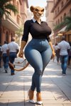 anthro big_breasts breasts casual_clothing city city_background clothing ear_piercing ear_ring female footwear high_heels hoop_ear_ring mature_female mother parent piercing purse ring_piercing solo thick_thighs killawatt sarabi_(the_lion_king) felid humanoid lion mammal pantherine hi_res