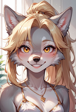 anthro blonde_hair female fur golden_eyes grey_body grey_fur hair selfie smile solo vexy_paws vexy canid canine canis mammal wolf hi_res