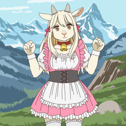 accessory anthro bell bell_collar brown_eyes clothing collar dress female fist frilly frilly_clothing grass hair_accessory legwear looking_at_viewer mountains outside pink_clothing pink_dress plant smile smiling_at_viewer solo thigh_highs white_body silvicultor fan_character bovid caprine goat mammal hi_res