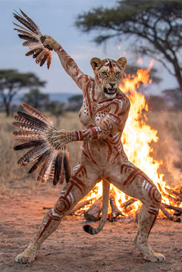 anthro bodypaint breasts dancing female fire genitals nude outside photorealism pussy snarling solo tasteful_nudity tribal tribalcat hi_res