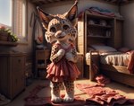 anthro bedroom brown_eyes clothing dress felid feline female hi_res lynx mammal messy orionbonnie pink_clothing pink_dress plant_pot smile solo spots spotted_body standing window young