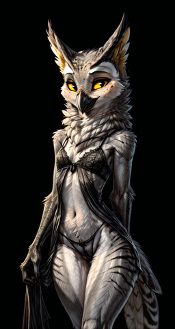 anthro beak black_background breasts clothing feathers female grey_body grey_feathers inner_ear_fluff lace_bra lace_panties lingerie navel neck_tuft non-mammal_breasts simple_background small_breasts solo tail_feathers tuft yellow_eyes venanli avian bird owl absurd_res hi_res