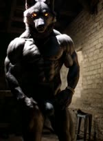 abs abs_muscles anthro bara basement bulge clothing dark_body dark_fur flexing fur glowing glowing_eyes male muscular muscular_male navel pecs solo thong underwear kludgecopter_(director) keo canid canine canis mammal wolf animated hi_res webm