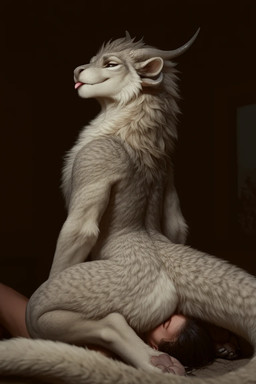 anthro bedroom_eyes blep dominant duo eyes_closed facesitting female fluffy_fur fur grey_body grey_fur hair horn looking_back male male/female mythology narrowed_eyes nude oral pawpads seductive smile tail tongue tongue_out tuft white_body kbi dragon furred_dragon human humanoid mammal mythological_creature mythological_scalie scalie