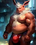 anthro belly big_bulge big_muscles big_pecs black_nose blush bracelet bulge clothing curiousoxide eeveelution flareon fluffy fur generation_1_pokemon hair hi_res jewelry looking_at_viewer male musclegut muscular muscular_anthro muscular_male navel neck_tuft nipples one_eye_closed orange_body orange_fur pecs pink_nipples pokemon_(species) red_clothing red_underwear solo tuft underwear white_hair