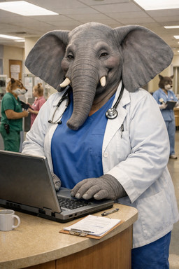 clipboard clothing computer doctor doctor_outfit female hospital laptop looking_at_viewer medical_instrument overweight pen proboscis_(anatomy) scientific_instrument solo trunk_(anatomy) wingedunicorn elephant elephantid mammal proboscidean hi_res