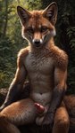 anatomically_correct anatomically_correct_genitalia anatomically_correct_penis anthro balls bodily_fluids dripping forest genital_fluids genitals girly grin horny leaking_precum male navel penis plant precum precum_drip sitting smile smirk solo tree canid canine fox mammal hi_res