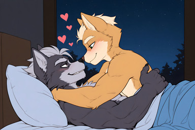 anthro bed biceps blonde_hair blush clothed clothing cuddling duo embrace eye_contact floating_heart fur furniture green_eyes grey_body grey_fur grey_hair hair half-closed_eyes hand_on_back inside intimate looking_at_another lying lying_on_another male male/male multicolored_body multicolored_fur muscular muscular_male narrowed_eyes night noses_touching on_back on_bed on_front purple_eyes side_view smile snaggle_tooth tan_body tan_fur topless triceps two_tone_body two_tone_fur under_covers window yellow_body yellow_fur promagentis nintendo star_fox fox_mccloud wolf_o'donnell canid canine canis fox mammal wolf hi_res