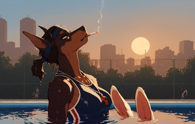 accessory anthro biped breasts cigarette cigarette_in_mouth city city_background duo female fur headband inner_ear_fluff plant prick_ears sunset tree tuft water wet wet_body wet_fur whistle_(object) anonymous_director invoke_high canid canine canis dobermann domestic_dog lagomorph leporid mammal pinscher rabbit hi_res