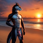 abs anthro balls beach black_body black_fur blue_eyes bodily_fluids cloud collar cum fur genital_fluids genitals hand_on_hip knot male muscular nude orange_eyes penis seaside seductive sergal sergalito-ty sergi sex sky smile solo sunset uncensored water yiffye18