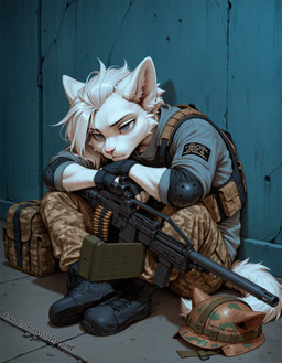 against_surface against_wall anthro armor bottomwear bulletproof_vest camo camo_clothing camo_print cargo_pants chest_rig clothing empty_eyes gray_eyes gun hair headgear helmet machine_gun male pants pattern_clothing ranged_weapon short_hair sitting solo weapon white_body white_hair djar17 domestic_cat felid feline felis mammal absurd_res hi_res